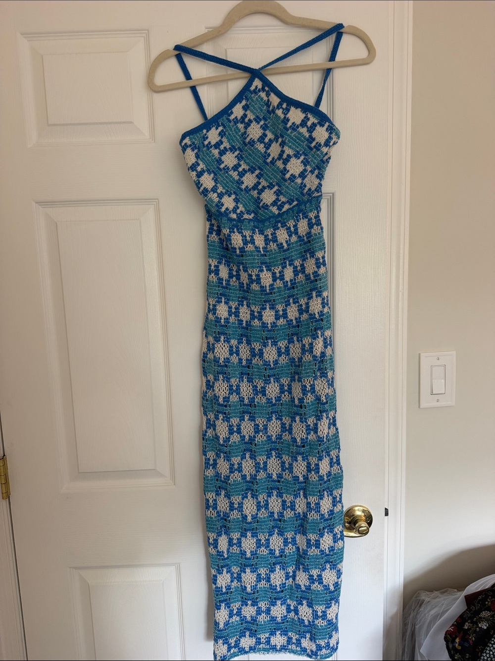 Zara Blue & White Crochet Maxi Dress with Cross-Strap